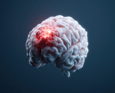 A detailed medical illustration presents a human brain, emphasizing a specific area with a vibrant, glowing highlight. The artwork employs a realistic style with textured surfaces and contrasting colors. The background is a deep, uniform tone. It can be used for various medical publications and scientific content.の素材