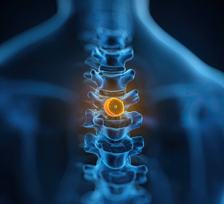 This medical illustration depicts a detailed view of a human spine and spinal cord. The image showcases the vertebrae in a luminous, blue hue with highlighted areas. It suggests a medical context with potential applications in healthcare, educational materials, and scientific publications for informative visual aids.の素材