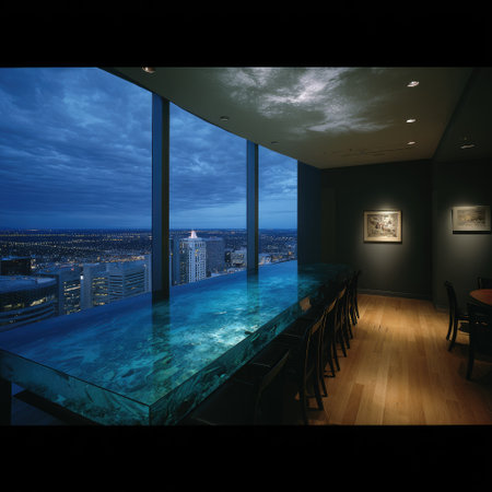 An interior showcases a modern bar with a striking panoramic cityscape view. The scene presents a cool, dark palette with architectural elements and subtle lighting. A wooden floor complements the dark walls. This image is suitable for architectural, design, or travel publications and promotional materials.の素材