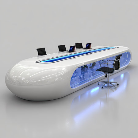 A futuristic-looking conference table is the centerpiece of this image. The table is white and curved with illuminated blue sections. Several laptops are placed on the table, and chairs are arranged for seating. The setting is an indoor environment, suggesting a business or technology context. The image is suitable for various commercial applications.の素材