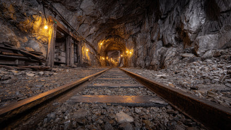An interior view shows a mining tunnel with railroad tracks extending into the distance. The rough, textured stone walls are illuminated by warm artificial lights. The composition features a central perspective, leading the eye deep into the underground environment. Suitable for illustrations of exploration and resource themes.の素材