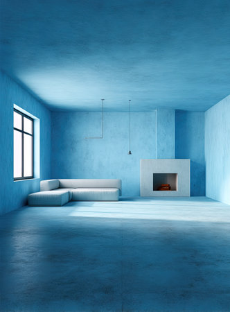 A digitally rendered interior space showcases a modern aesthetic through the use of cool blue hues. The room features a sofa, a fireplace, and natural light entering through a window. The style incorporates minimalist elements suggesting a clean and spacious design, suitable for various commercial and editorial applications.の素材