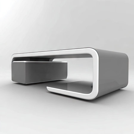 The image showcases a contemporary coffee table design. It features a sleek, curved shape with a contrasting color palette of white and gray. The composition utilizes soft lighting, emphasizing the smooth surfaces. Suitable for various commercial applications, this image may be used for design, furniture, or architectural related projects.の素材