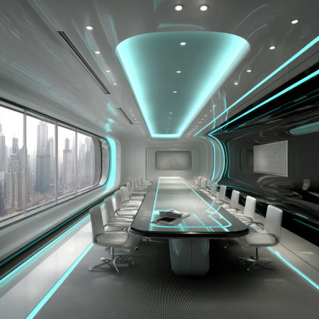 This image showcases a futuristic conference room with a long table and chairs. The design incorporates sleek lines, glowing accents, and a cityscape view. The color palette features cool tones, creating a modern and professional atmosphere. Suitable for various commercial and editorial projects.の素材