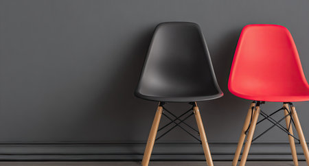 Two chairs of different colors stand against a neutral gray wall. One chair is black, and the other is red. The chairs have wooden legs and a minimalist design. The lighting is even, highlighting the textures. The composition suggests interior decor, suitable for advertising or design projects.の素材