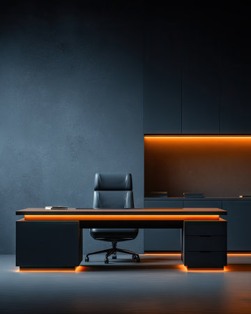 An indoor composition presents an executive office. A black desk and chair are centered with ambient orange lighting. The setting shows a dark, minimalist style with contrasting warm lighting. This image could be used for illustrating business, design, or technology concepts.の素材