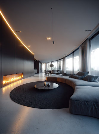 This image shows a modern interior with a curved sofa, decorative fireplace, and large windows. The composition highlights a circular rug and a low coffee table. The lighting is soft and warm, creating a welcoming atmosphere. Suitable for use in advertising, editorial content, or design-related projects.の素材