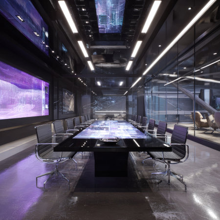 An interior showcases a contemporary boardroom, featuring a large table with integrated screens. The scene is bathed in cool tones with accent lighting, hinting at technological advancements. The composition suggests a professional, modern setting, possibly for presentations or discussions. This image is suitable for business and technology-related commercial purposes.の素材