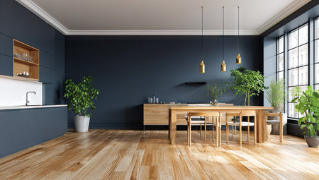 This image presents a modern interior featuring a dining table, chairs, and lush greenery. The scene is illuminated by natural light, emphasizing the wooden textures of the floor and furniture. The minimalist design with clean lines and a neutral color palette suggests a calm and inviting space, suitable for architectural or lifestyle content.の素材