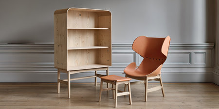 An interior scene showcases a wooden cabinet with shelves, accompanied by a leather chair and stool. The composition features neutral colors and textures, with soft lighting illuminating the objects. This image could be used for design concepts, home decor projects, or marketing materials related to furniture.の素材