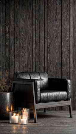 An elegant black leather armchair is placed against a dark wooden wall. The scene includes lit candles in glass holders. The overall composition features a minimalist style, with a moody color palette. This image could be suitable for editorial use, or to illustrate concepts such as interior design.の素材