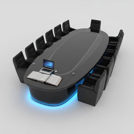 An elevated view showcases a large, oval conference table surrounded by matching chairs. The table has a glossy, dark surface, with a laptop and open books placed on top. The composition is clean and modern, highlighted by soft lighting. Suitable for business, technology, or corporate visuals.の素材