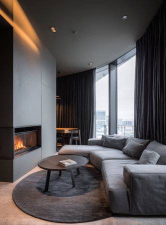 A modern living space features a comfortable gray sofa and a small wooden coffee table on a circular rug. A fireplace provides a warm glow. The room is complemented by tall, dark curtains and large windows. This image is suitable for architectural and interior design publications, advertising, and various commercial uses.の素材