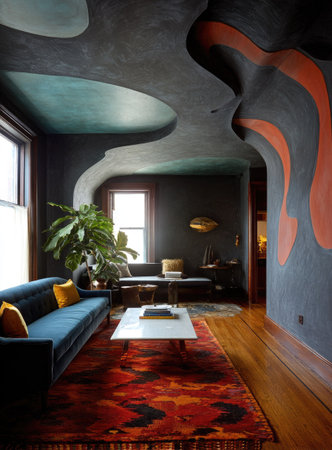 A contemporary interior displays a living room with a modern design. The walls feature an abstract design with a color palette of teal, gray, and orange. A blue sofa contrasts with the warm tones of the rug and wood flooring. The scene is likely indoors, and can be used for editorial or commercial content.の素材
