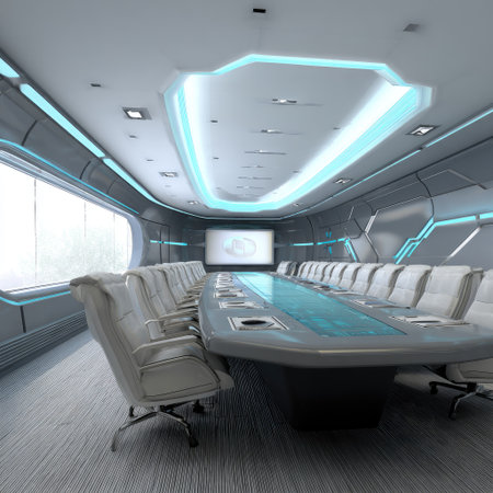 An interior view depicts a futuristic conference room featuring sleek design elements. The composition highlights the long conference table and surrounding chairs. The lighting scheme utilizes cool blue tones, creating an ambient atmosphere. It is ideal for representing business, technology, and presentations.の素材