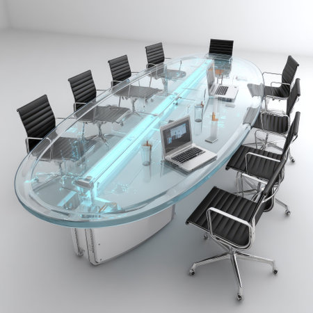 An overhead view reveals a modern conference table surrounded by black chairs. The transparent table has a blue illuminated center. Two laptops rest on the table. The setting appears to be a bright, clean interior space. This image could be used for business, technology, or design illustrations.の素材