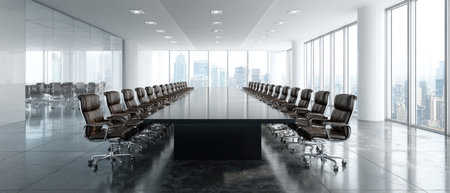 This image showcases a modern boardroom. The room features a large, rectangular table surrounded by many executive chairs. Large windows offer daylight and city views. The composition highlights the sleek lines and minimalist style, suitable for business and corporate contexts.の素材