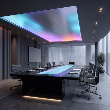 A contemporary conference room features a large rectangular table and black leather chairs. The ceiling is illuminated with vibrant colors, creating a dynamic visual effect. A large screen is mounted on the wall, and large windows provide natural light. This setting is suitable for business presentations and meetings.の素材