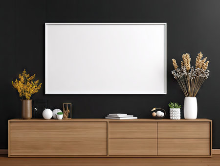 An interior scene depicts a wooden cabinet with a blank picture frame on a dark wall. Several decorative elements such as vases with flowers, books, and plants are displayed. The composition suggests a modern aesthetic, suitable for visual content regarding home decoration and interior design themes.の素材