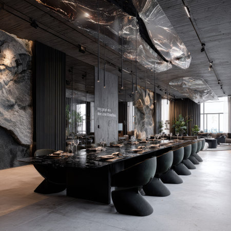 This image showcases a contemporary interior with a prominent long table set for a gathering. The space is defined by dark, elegant tones and striking textures, including natural stone and reflective surfaces. Overhead lighting enhances the ambiance, suitable for various commercial applications.の素材