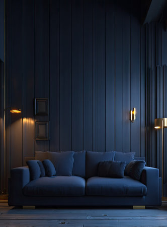 The image showcases a contemporary living space featuring a dark blue sofa set against a wall with vertical paneling. Warm lighting highlights the textures and shapes of the furniture. The color palette is dominated by deep blues with accent lighting, suitable for various design or lifestyle projects.の素材