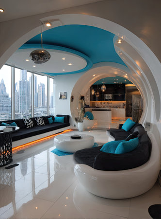 This image showcases a modern interior featuring elegant furniture and an expansive cityscape view through large windows. The design incorporates a unique blend of white and blue colors, creating a visually appealing and contemporary aesthetic. This image could be used in commercial and editorial contexts that need images representing modern architecture and luxury living.の素材
