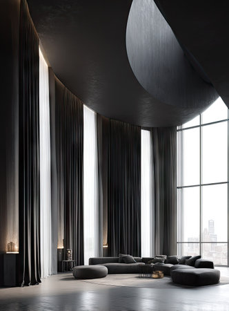 A modern interior showcases a spacious living area, dominated by long, dark curtains and contrasting vertical stripes of sunlight. The composition highlights a curved ceiling, a collection of gray seating, and a large window framing the distant view. This versatile design concept can be used for diverse advertising and design projects.の素材