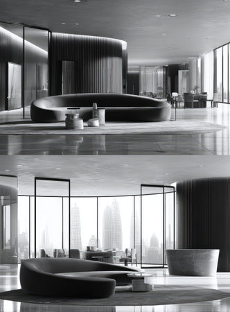 A monochrome image presents a contemporary interior with curved sofas and minimalist furniture arrangements. The scene displays polished floors, glass windows, and subtle lighting. The photograph may be suitable for illustrating modern living spaces or architectural concepts. It could be used in various publications.の素材