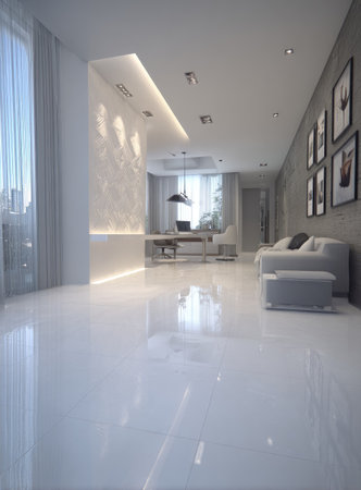 A contemporary interior shows a spacious, white-dominated living area with high ceilings. The glossy floor reflects natural light from a large window, illuminating a neutral-toned sofa, artwork, and minimalist furniture. The composition showcases linear design elements, suitable for design and architecture publications, or other commercial purposes.の素材