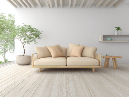 A modern living space interior features a beige sofa, wooden side table, and potted greenery. The composition highlights a bright and airy environment with natural light illuminating the room. This image is suitable for commercial applications such as website design and advertising.の素材