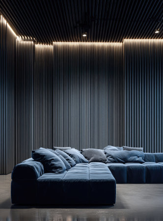 A modern interior features a large blue sofa against a textured, vertically-lined wall. The scene is bathed in warm, indirect lighting that emphasizes the linear design. The space suggests a contemporary aesthetic, suitable for commercial applications related to design and architecture.の素材