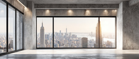 A contemporary interior showcases large windows offering a panoramic view of a cityscape. The architecture features concrete walls and flooring, with natural lighting illuminating the space. This image could be used for architectural visualization, real estate promotion, or as a backdrop for various design projects.の素材