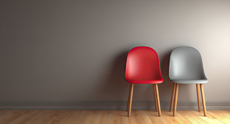 Two contemporary chairs, one red and one gray, stand against a plain wall in this indoor image. The smooth textures and simple lines of the chairs contrast with the wall's subtle texture. The lighting creates soft shadows, enhancing the minimalist aesthetic. This image could be used for various commercial purposes.の素材