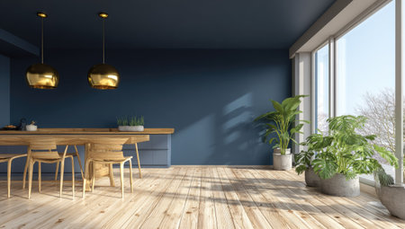 An interior view displays a room featuring wooden flooring and large windows. The scene includes various potted plants and stylish lighting fixtures. The overall aesthetic suggests a contemporary design suitable for architectural visualization or lifestyle content. This image could be used in various commercial applications.の素材