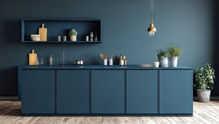 The image showcases a modern kitchen design featuring blue cabinets and wooden flooring. The composition highlights a central island with various decorative items, including plants and kitchen tools. The lighting appears soft, suggesting an indoor setting suitable for architectural or lifestyle content.の素材
