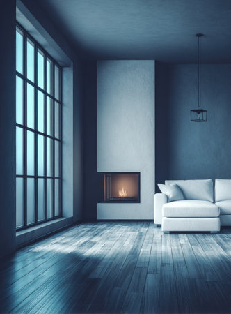 The interior scene depicts a contemporary living space. A fireplace stands centered on a white wall. A large window allows natural light, with a wooden floor and an off-white couch. The overall ambiance is modern, with a focus on minimalist design. This image is appropriate for interior design, lifestyle, and architectural applications.の素材