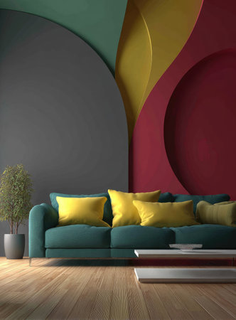 This image showcases a modern interior design featuring a teal sofa with yellow cushions against a multi-colored wall. The composition includes a wooden floor, a small plant, and a minimalist table. The setting could be used in advertising or interior design magazines to illustrate living space.の素材