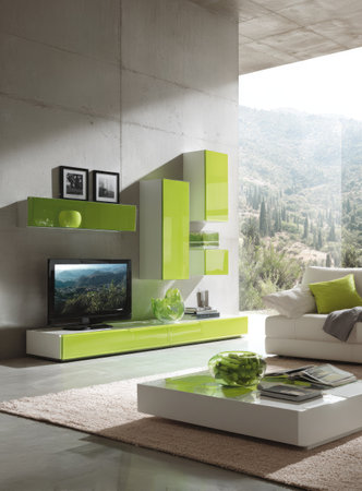 This image showcases a contemporary living room featuring a modern wall unit and furnishings. The scene is illuminated by natural light, highlighting the white sofa and the vibrant green accents. The composition suggests a spacious setting suitable for editorial or commercial use.の素材