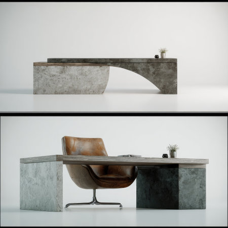 This image presents a modern office desk, featuring a combination of concrete and wood. A leather chair completes the setup, placed against a neutral background. The composition highlights the design and texture, offering potential for use in advertising, interior design projects, and editorial content. The lighting appears soft and diffused.の素材
