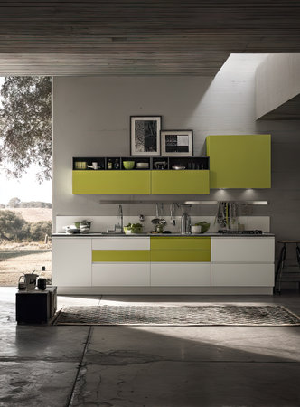 This image showcases a modern kitchen with lime green and white cabinetry. The kitchen features contemporary appliances and overhead storage. Natural light floods the space, highlighting the textures and sleek design elements. This image is suitable for commercial use, showcasing interior design or home improvement concepts.の素材