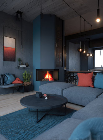 This image depicts a modern living room interior, featuring a fireplace as the focal point. The scene showcases a blue sofa, a dark coffee table, and a vibrant red pillow, complemented by a warm fireplace glow. The composition uses a mix of textures and lighting, making it suitable for various commercial projects and editorial applications.の素材