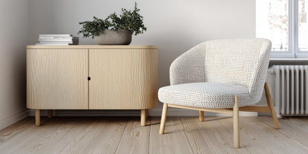 An interior scene showcases an armchair and cabinet set against a light-colored wall. A green plant adorns the cabinet top alongside books. The composition incorporates a light-toned wooden floor and simple lines. Suitable for commercial and editorial purposes, the image may illustrate design or lifestyle themes.の素材