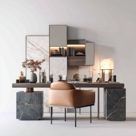 An interior scene showcases a contemporary office setup featuring a desk, chair, and shelving unit. The composition highlights neutral colors and textures such as marble and wood. A lamp and decorative items add to the ambiance. This scene is ideal for use in architectural visualizations, design projects, and commercial purposes.の素材