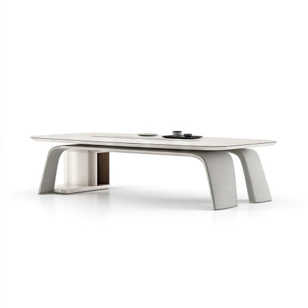 This is an isolated, modern design table. The table has a smooth, light-colored surface. It features a curved structure and rests on four legs. The composition utilizes soft lighting, highlighting its form. This image can be used for a variety of design, furniture, and product-related commercial or editorial purposes.の素材