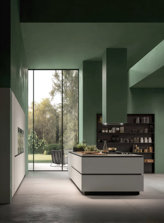 An interior showcases a modern kitchen featuring a central island, complemented by a large window offering natural light. The scene is characterized by a monochrome color palette and simple lines. This setting could be suitable for architectural visualization, interior design projects, or lifestyle content.の素材