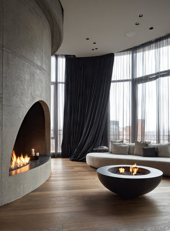 An interior scene displays a modern fireplace with open flames, illuminating the space. A comfortable sofa is present near large windows, letting in natural light. Dark curtains partially cover the windows. This composition could be used for interior design, home decor, and lifestyle publications.の素材