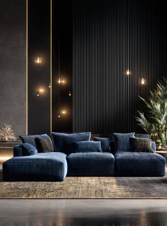 This image depicts a modern living room with a large blue sofa as the focal point. The room features dark walls with vertical paneling and ambient lighting. Decorative elements include pendant lights and a plant. This scene suggests a comfortable, contemporary interior for various design projects or visual content.の素材