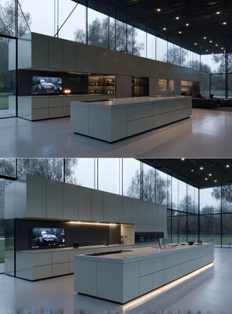 A modern kitchen with a large island and television. The architecture features large windows and minimalist design. The scene displays a bright, open space with clean lines and neutral colors. The image is suitable for architectural, design, or lifestyle publications and commercial projects.の素材