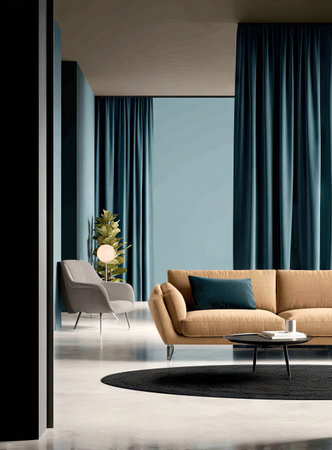 This image depicts a modern living room with a beige sofa, a teal cushion, and dark blue curtains. A gray armchair and small round table sit on a white floor with a dark rug. The composition features a minimalist style, with soft lighting and a focus on color and texture suitable for various commercial applications.の素材