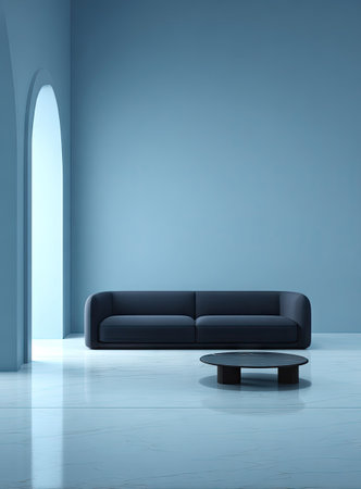 A contemporary living space presents a dark sofa and circular coffee table set against a light blue backdrop. An arched doorway offers a glimpse of the exterior. The smooth textures and muted colors suggest a calm, clean aesthetic suitable for editorial and commercial projects.の素材